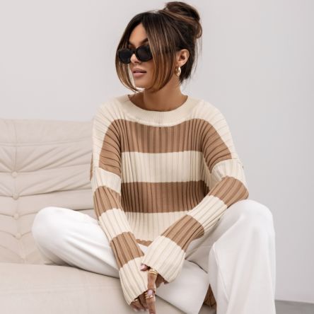 SWETER Milo Stripes L. Beige Karmelowy - COCOMORE